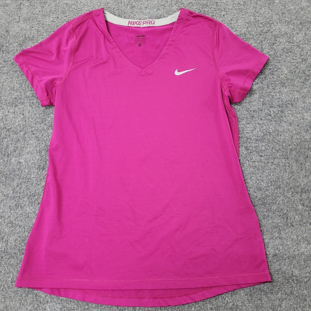 Nike Shirt Womens Size XL Pink Pro Dri-Fit V-Neck Short Sleeve Athletic Gym Top
